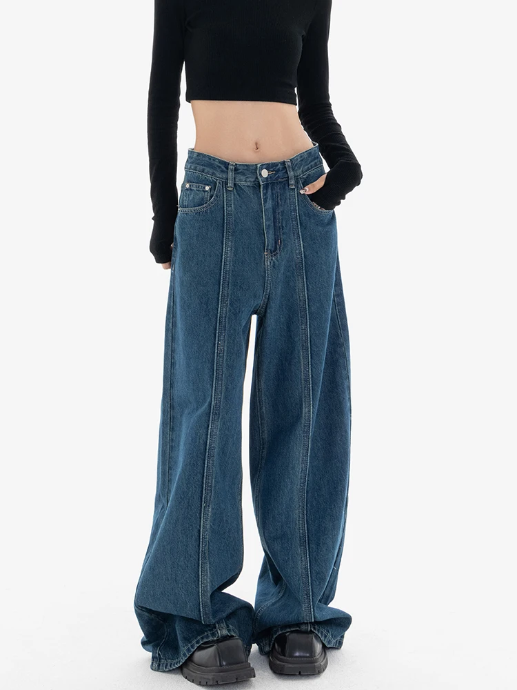 Deep Blue High Waist Loose Straight Leg Jeans Women's Spring Autumn Style Pear Shape Body Fit Casual Washed Natural Waist