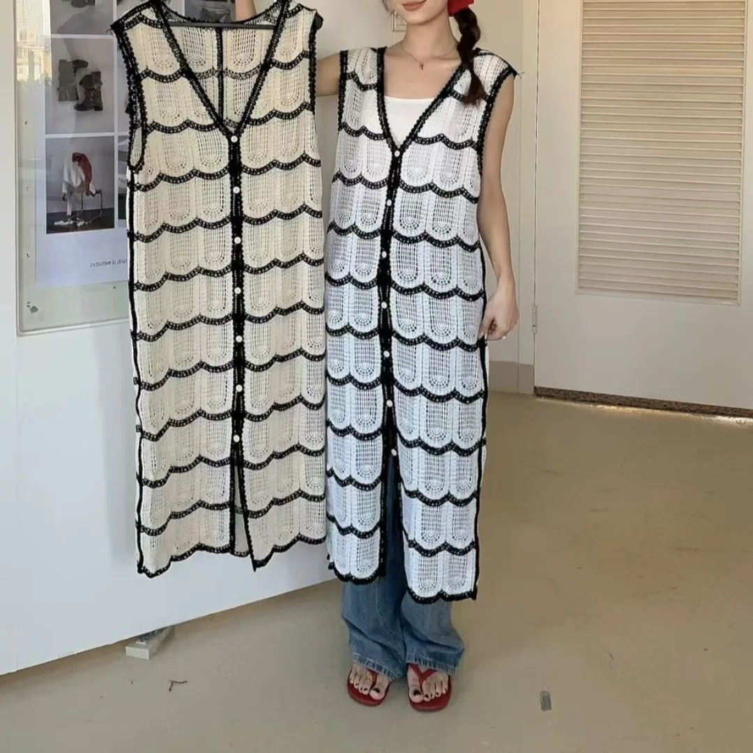 

Vaion Wear Knitted Long Dr V-Ne Hollow out Cardigan Women's Striped T-irt Dr Layering Sle Polyester Fiber