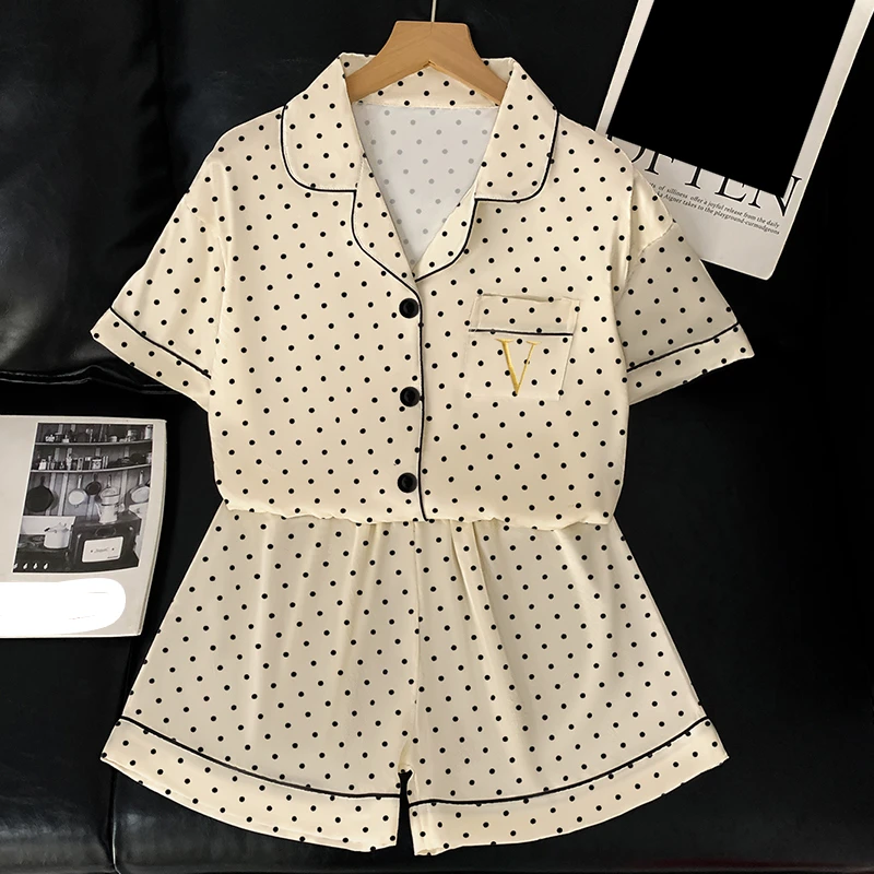 

Корейская милая домашняя одежда с буквенным принтом в горошек, женская повседневная простая модная пижама из двух предметов, новая летняя короткая женская пижама 2025 года