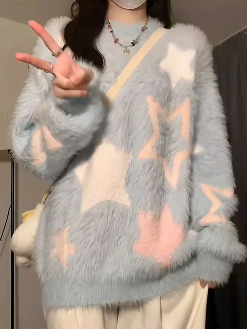 

Printed Knit Sweater Women Loose O Neck Lantern Sleeve Color Contrasting Knitted Sweater Woman Mink Fur Knitting Pullover Lady