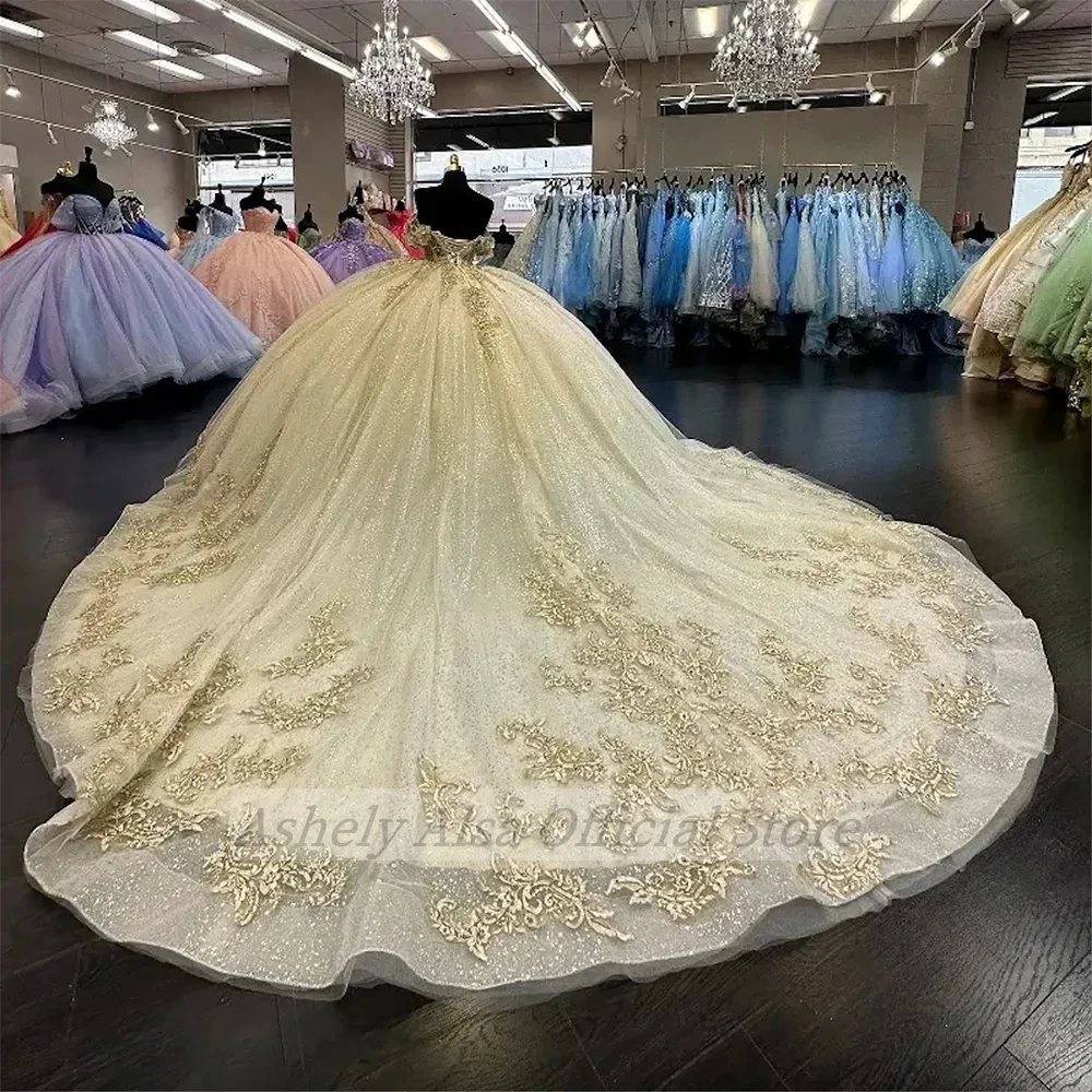 Vestido de quinceañera con apliques de encaje, corsé con hombros descubiertos, espalda de tul, personalizado, dulce, 15, 16, Princesa, fiesta de cumpleaños, 2024