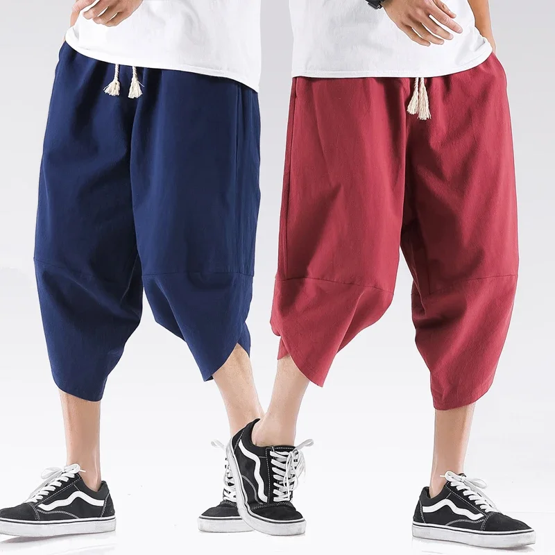 

Men Cotton Linen Baggy Wide Leg Pants Men Hanging Crotch Hip Hop Bloomers Pants Men's Calf-Length Cross Pants Trousers 5XL