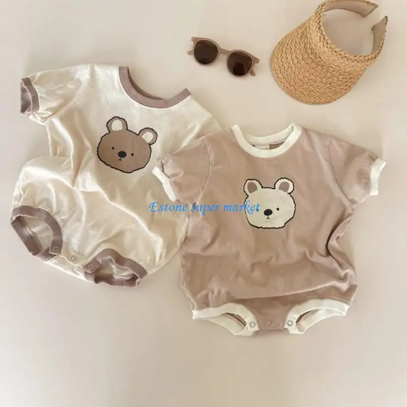 

090B Casual Short Sleeve Bear Bodysuit One-Piece Cotton Pullover Top Summer Romper