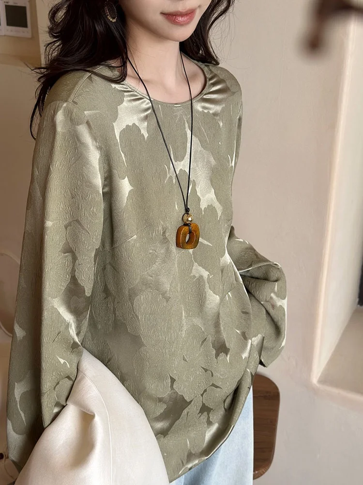 

High Quali 28mm round Ne Long Sve Loose Fit irt Women's Faion Design Silk Top for Busin Casual Wear