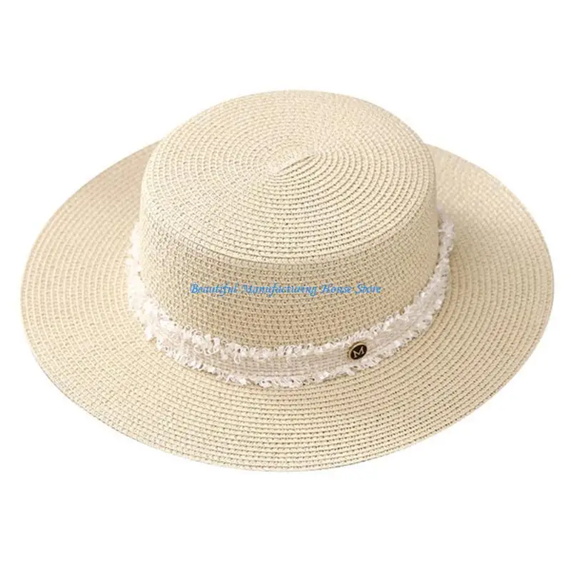 E56A Beach Straw Hat Breathable Elegant Braided Belt Woven Belt Hat Holiday Wear