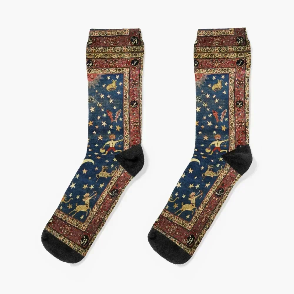 

ANTIQUE PERSIAN CARPET WITH ZODIACAL SIGNS,STARS IN BLUE SKY Socks kawaii aesthetic Socks Men Women's