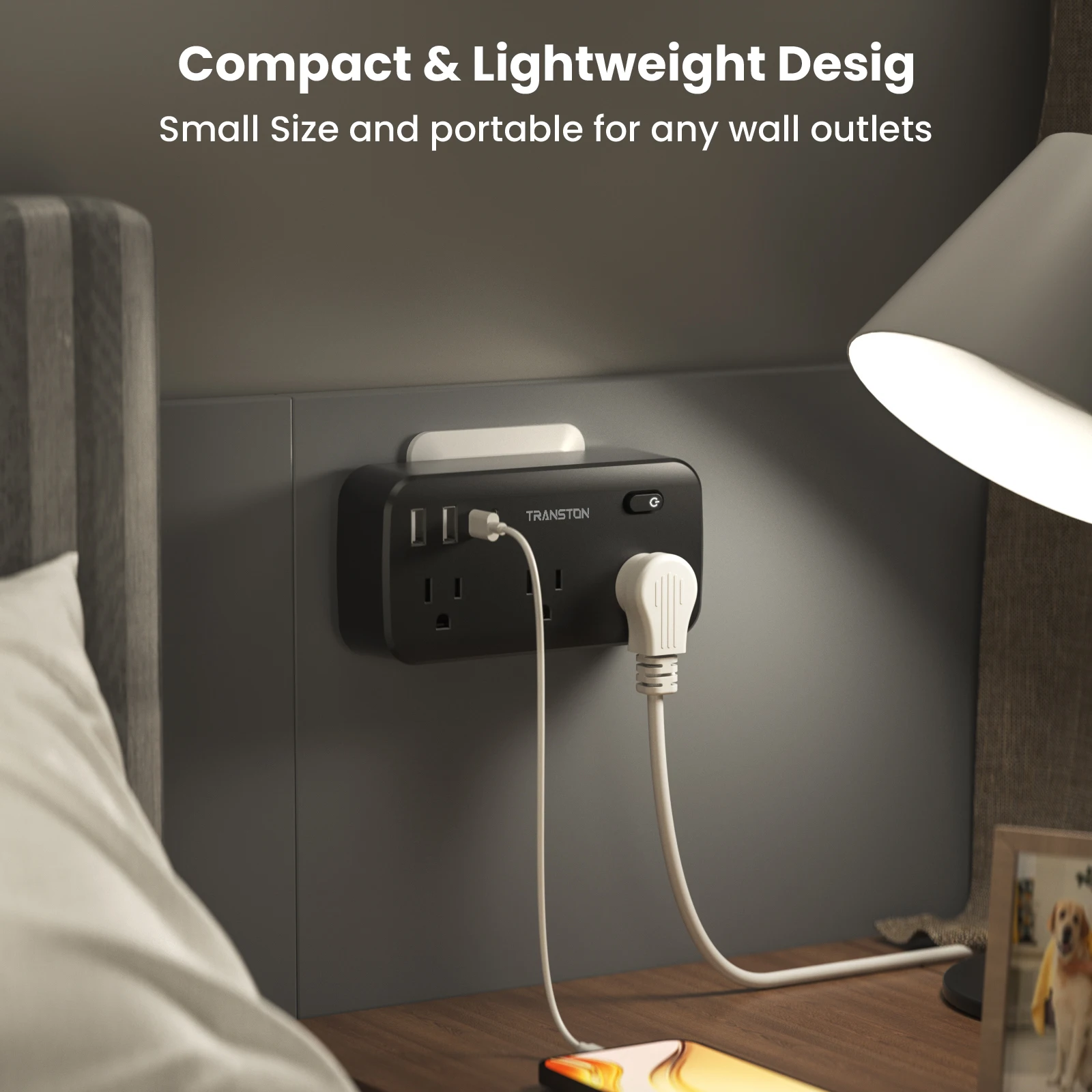 protection contre les surtensions pour bande d'alimentation noire avec 6 prises CA, 2 ports de charge rapide USB et 2 USB-C, 10 en 1,45 ° bouchon inclinable, Protection avancée