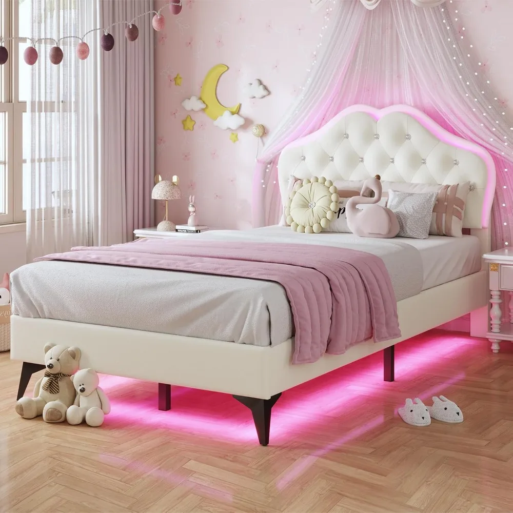 Twin Size Upholstered Bed Frame with LED Lights Adjustable Headboard with Crystal Button