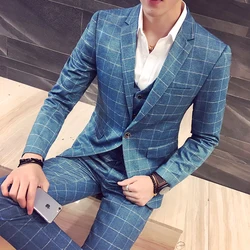 2024Fine Mens Micro Elastic Youth Korean Version Slim (suit + Vest + Trousers) Groom Wedding Dress British Style Three-piece Set