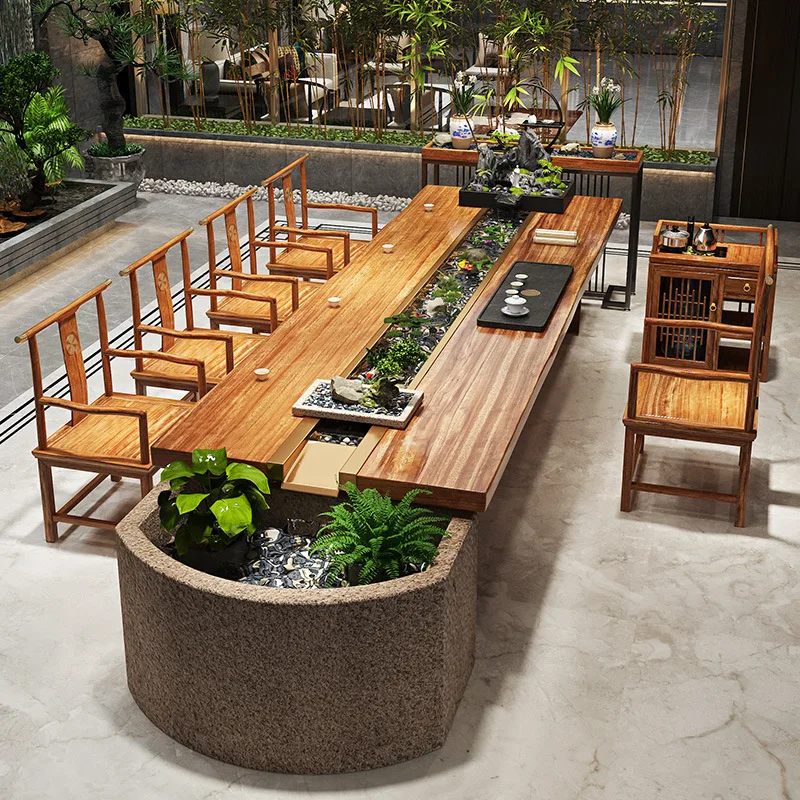 Flowing water tea table fish tea table circulation landscape integration new Chinese solid wood tea table