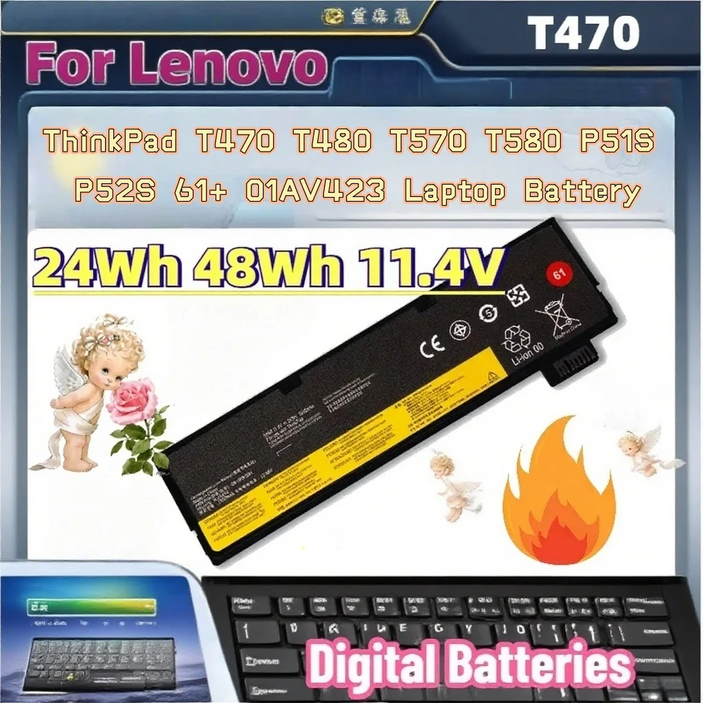 

Аккумулятор для ноутбуков Lenovo ThinkPad T470 T480 T570 T580 P51S P52S 61+ 01AV423, 24 Вт·ч, 48 Вт·ч, 11.4 В, T470, перезаряжаемый