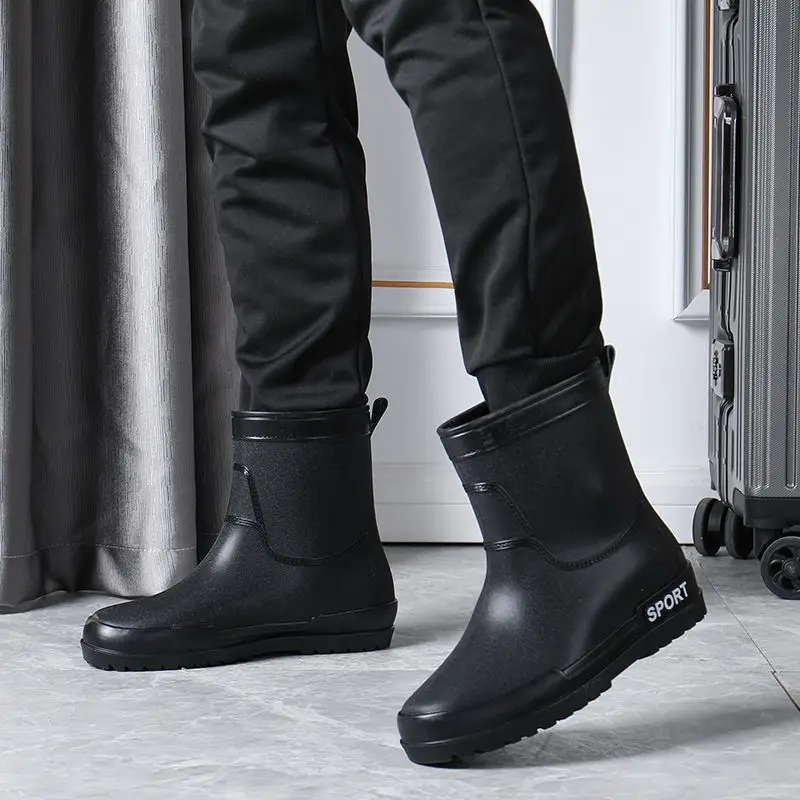 

Однотонная теплая мужская обувь до середины икры на флисовой подкладке, дешевые грязевые новые галоши для городской рыбалки, водонепроницаемые мужские непромокаемые сапоги