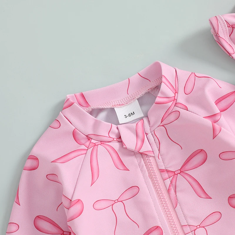 أطفال بنات ملابس السباحة رومبير طويلة الأكمام س الرقبة القوس طباعة زمم ثوب السباحة الشاطئ السباحة رومبير مع قبعة