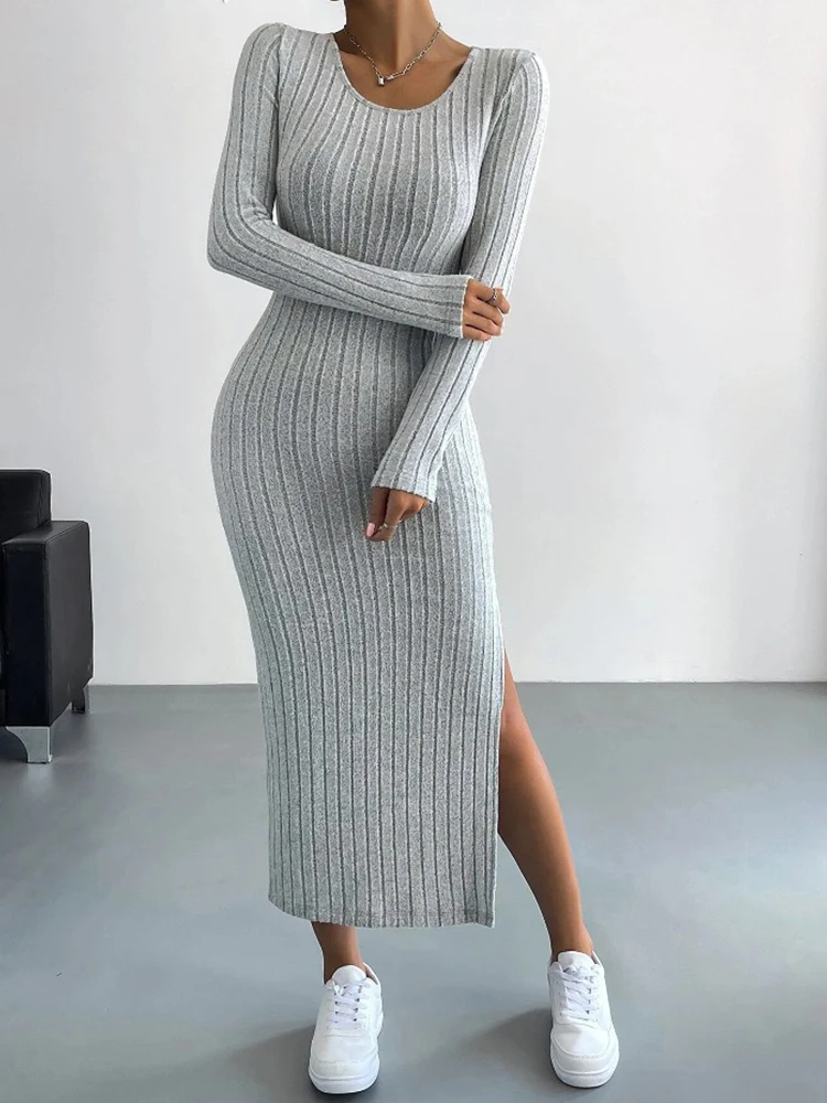 

Autumn Winter New Long Sleeve Ladies Form Dress Round Neck Split Knit Fashion Slim Long Black Dress Casual Elegant Women Dresse