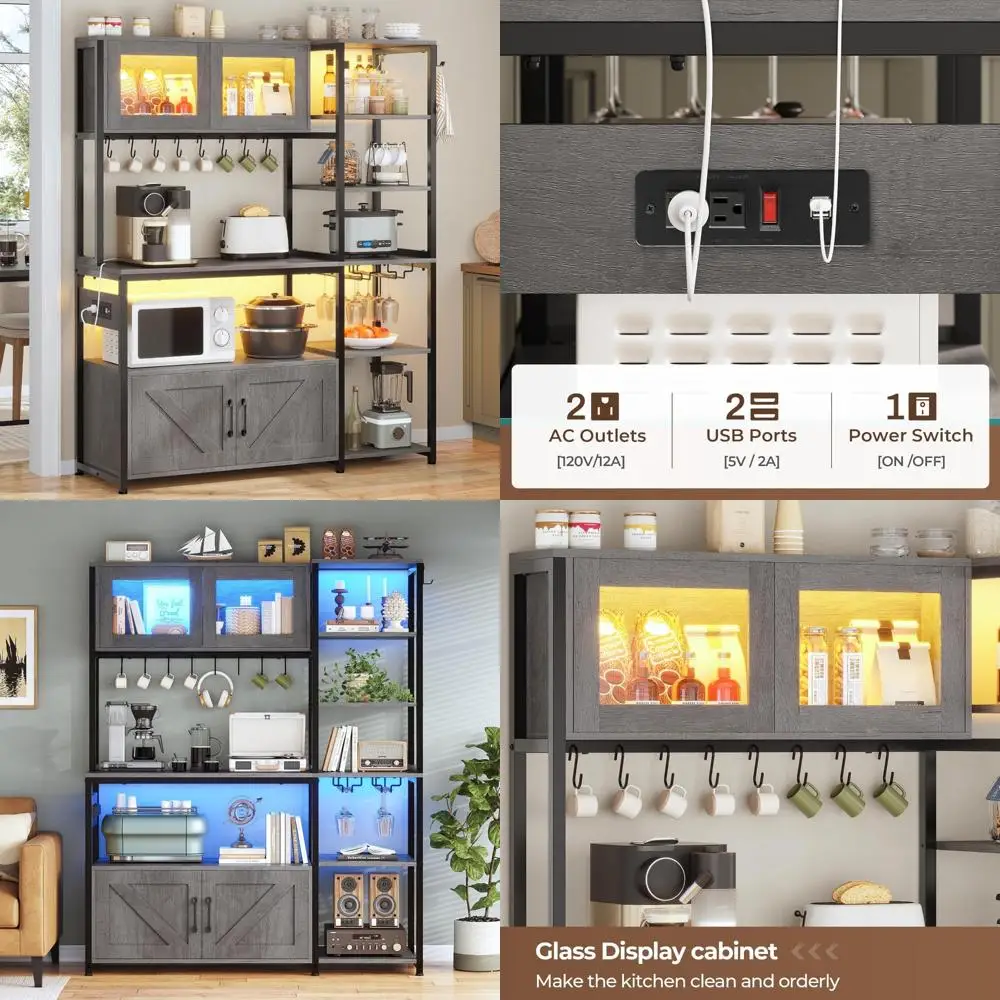 

Farmhouse Style 45.3 Inch Coffee Bar Cabinet with Power Outlet and LED Light, Kitchen Microwave Stand and Storage Solution