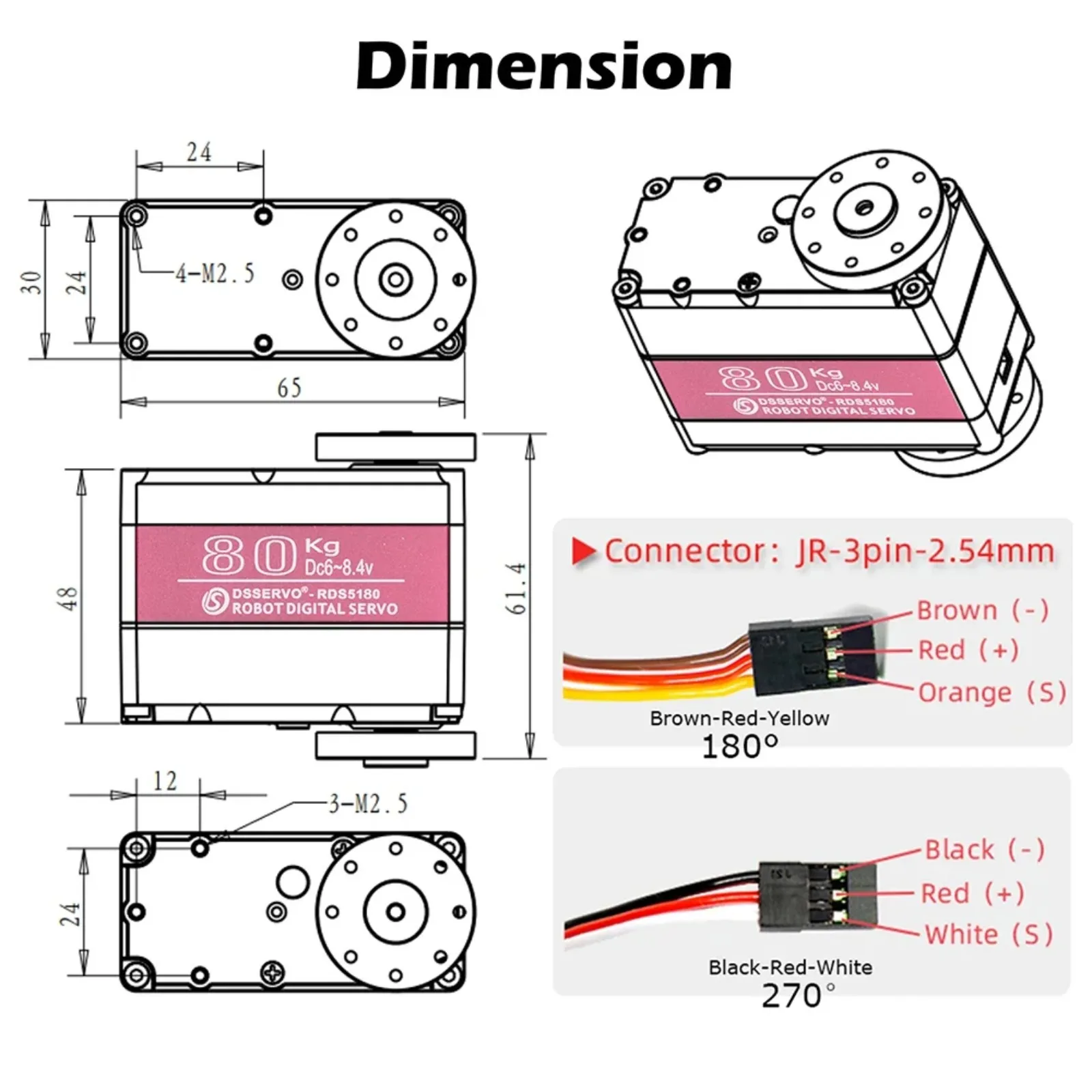 4 Sets RDS5180 80KG Digital Metal Gear RC Servo Motor 180°/270° Wide Angle 7.4V High Torque for 1/5 Robot Car DIY view 3