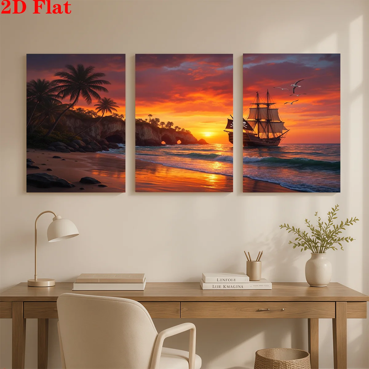 Frameless Canvas 2D 3pcs Canvas Art Wall Hanging- A Pirate Ship At Sunset. Suitable For Decorating Offices, Dining Rooms, Li