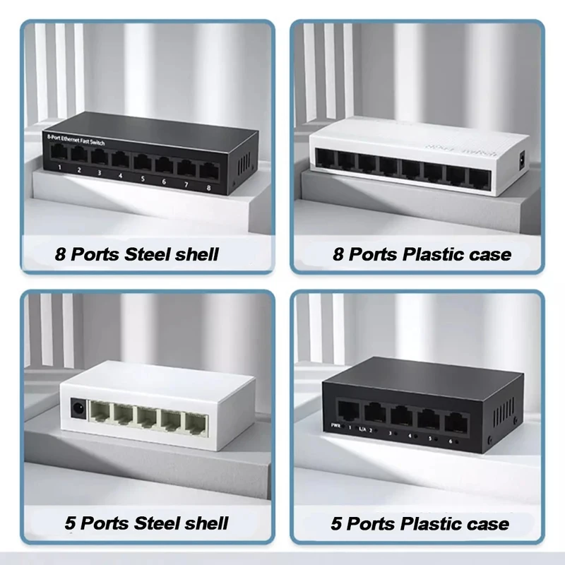 5/8 Port Fast Ethernet Switch 10/100Mbps – Mini Desktop Network Switch Hub with EU Plug Power Adapter, Unmanaged Plug & Play LAN