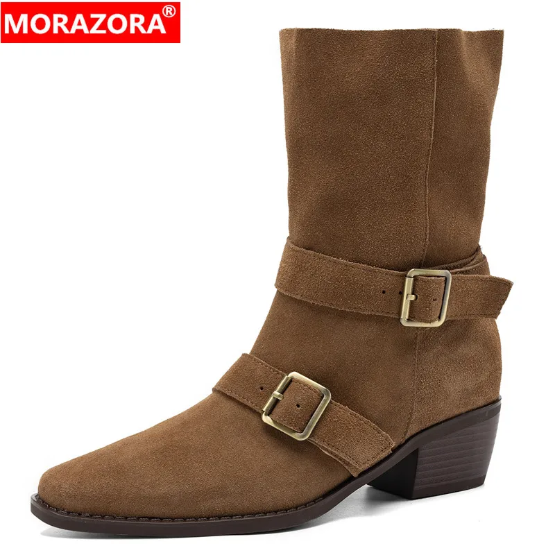 MORAZORA Big Size 34-42 Cow Suede Leather Western Boots Women Buckle Block Mid Heels Ankle Boots Autumn Winter Retro Shoes