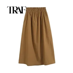 TRAF Minimalist Dark Khaki Elastic Waist Skirt Women High Waist Straight Office Ladies Faldas Mujer Moda 2024 Skirts Womens