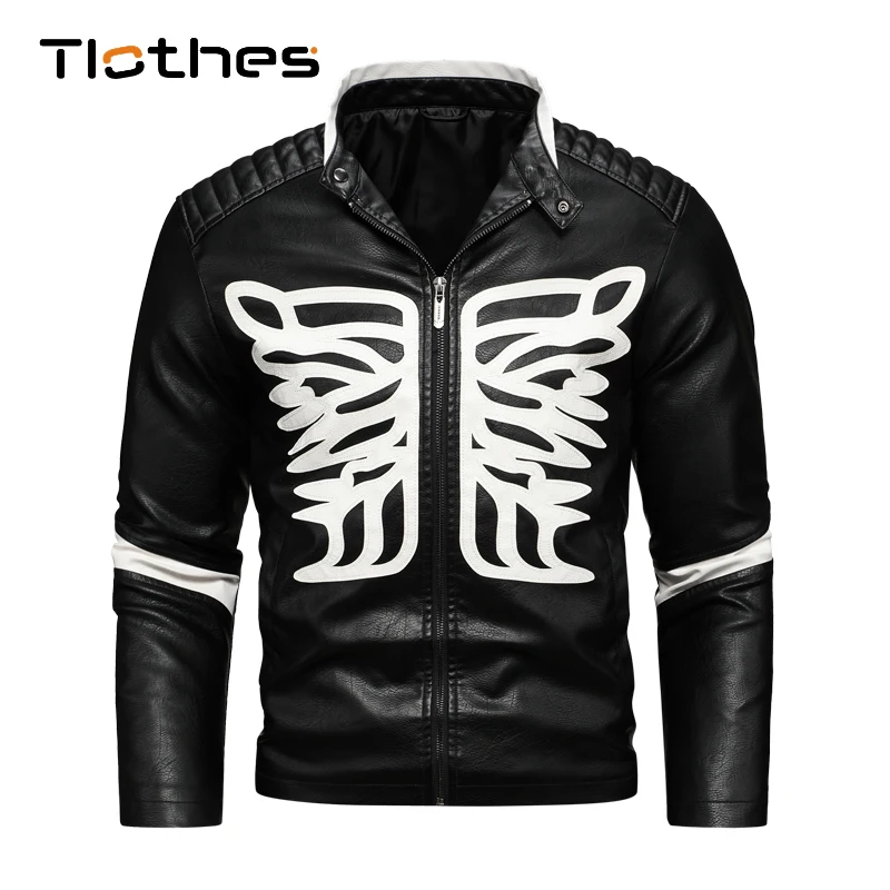 

Autumn Winter Bomber Leather Jacket Men Skeleton Embroidery Jacket Skull PU Leather Biker Motorcycle Mens Design Jacket