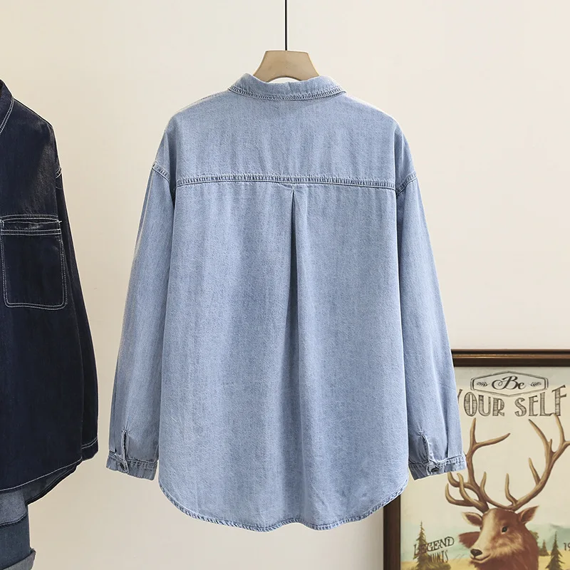 Plus Size Denim Shirt Women 2023 Spring Retro Art Two Pocket Design Blouse Loose Asymmetrical Long Tops Oversized Curve Clothes