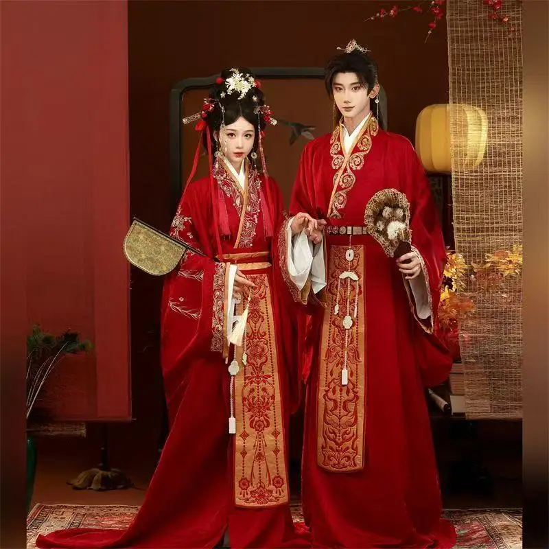 

Chinese Style Wedding Costume Men Women Traditional Tang Dynasty Red Embroidery Hanfu Couples Halloween Cosplay Costume Male COS