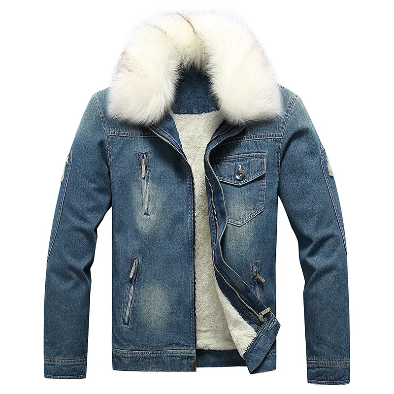 Winter Men's Thicker Denim Jackets Fleece Lined Big Fur Collar Warm Jean Coat Washed Ripped Jacket Male