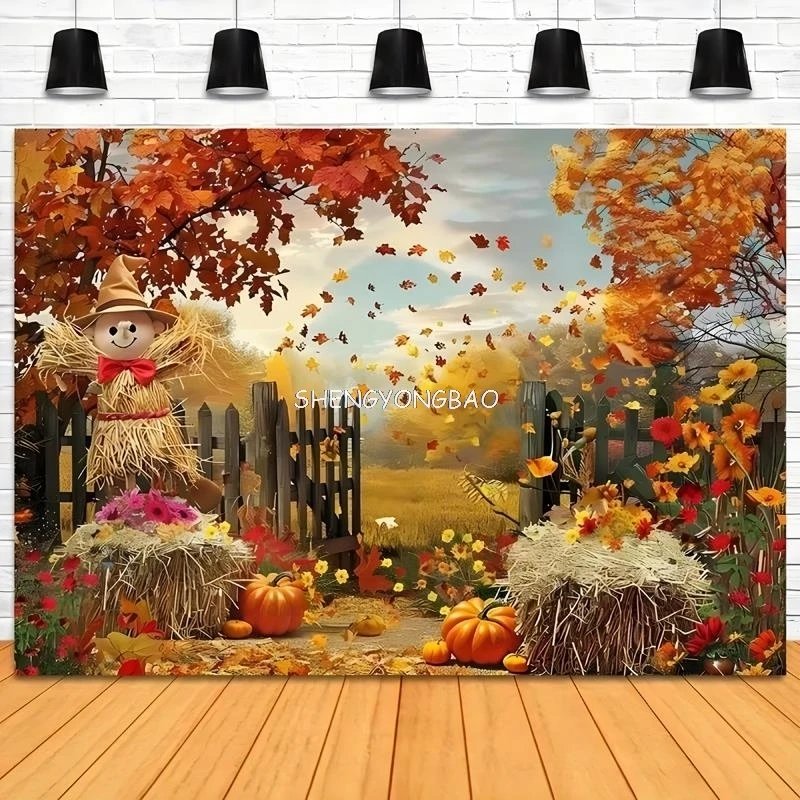 

Halloween Day Autumnal Pumpkins Photography Backdrops Props Maple Leaf Scarecrow Farm Harvest Thanksgiving Background RR-131