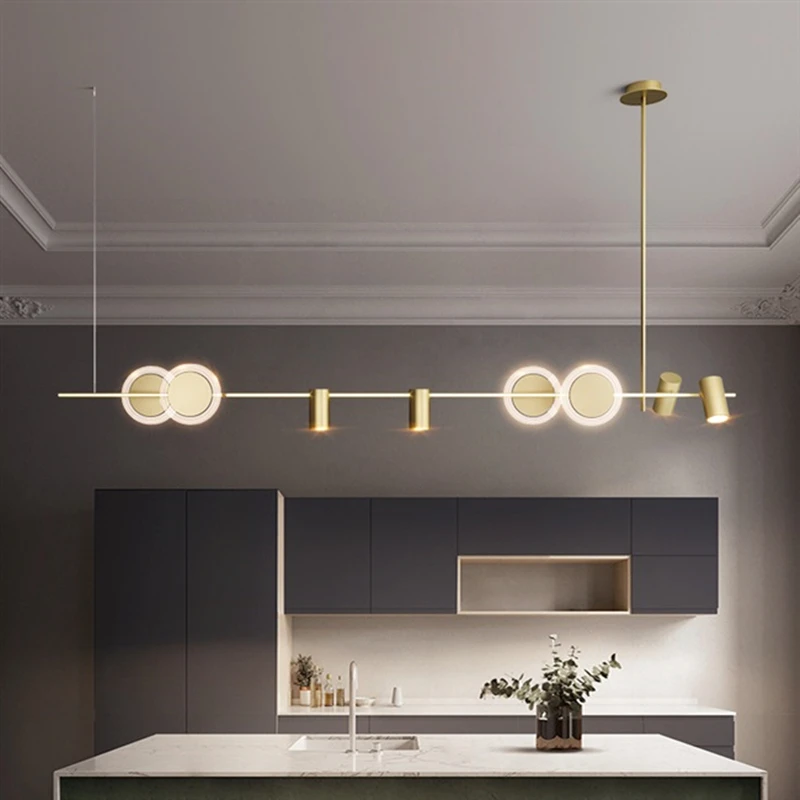 

2023 New Model Luxury Fancy Brass Gold LED Long Table LED Simple Home House Villa Island Decoration Chandlier Pendant Lamp