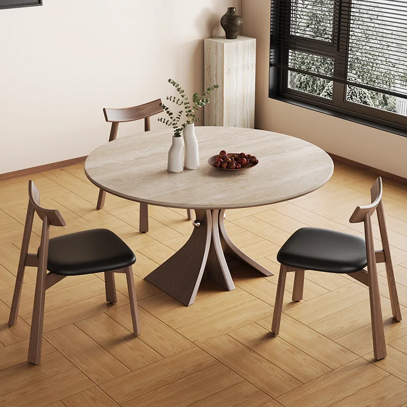 

！@Mid-century Style Solid Wood Round Dining Table and Chairs, Modern Simple Travertine Rock Slab, American Small Apartment