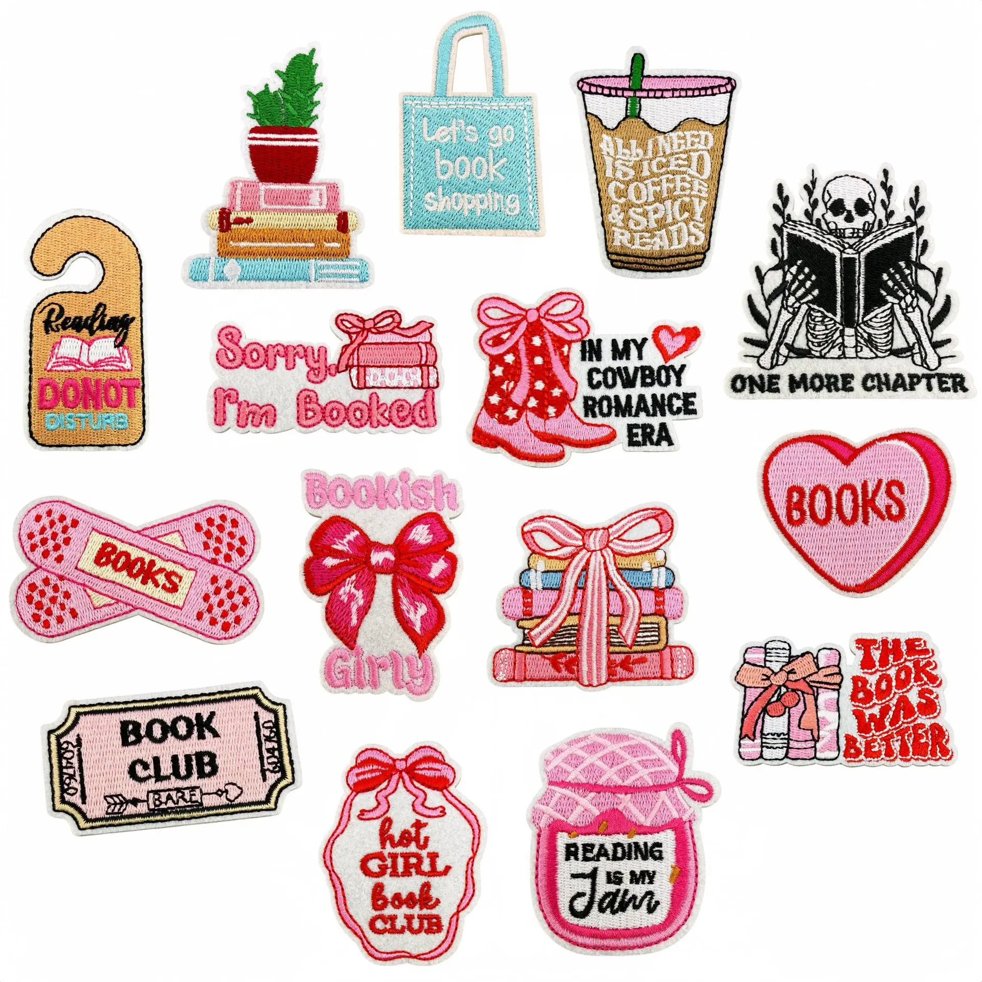 Cartoon Bookworm Embroidered Iron On Patch Pink Reading Book Patch For Clothing Bags DIY Sewing Accessories Badge Applique