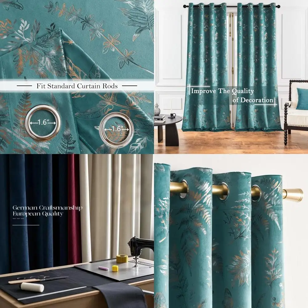 

Thermal Insulated Blue Velvet Curtains with Leaf & Butterfly Pattern for Living Room, 52 x 84, 2-Panel Set
