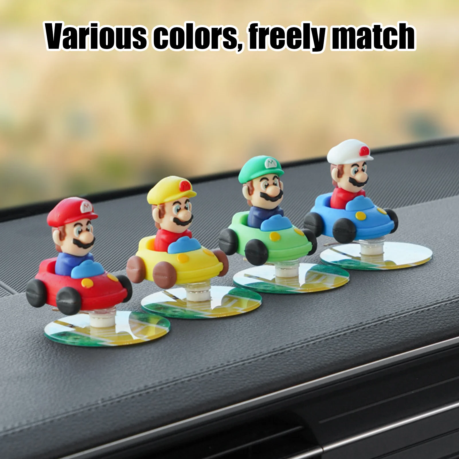 Super Mariobros Car Ornaments Cartoon Drift Rotating Auto Rubber Interior Decoration Toy Car Dashboard Adhesive Ornament