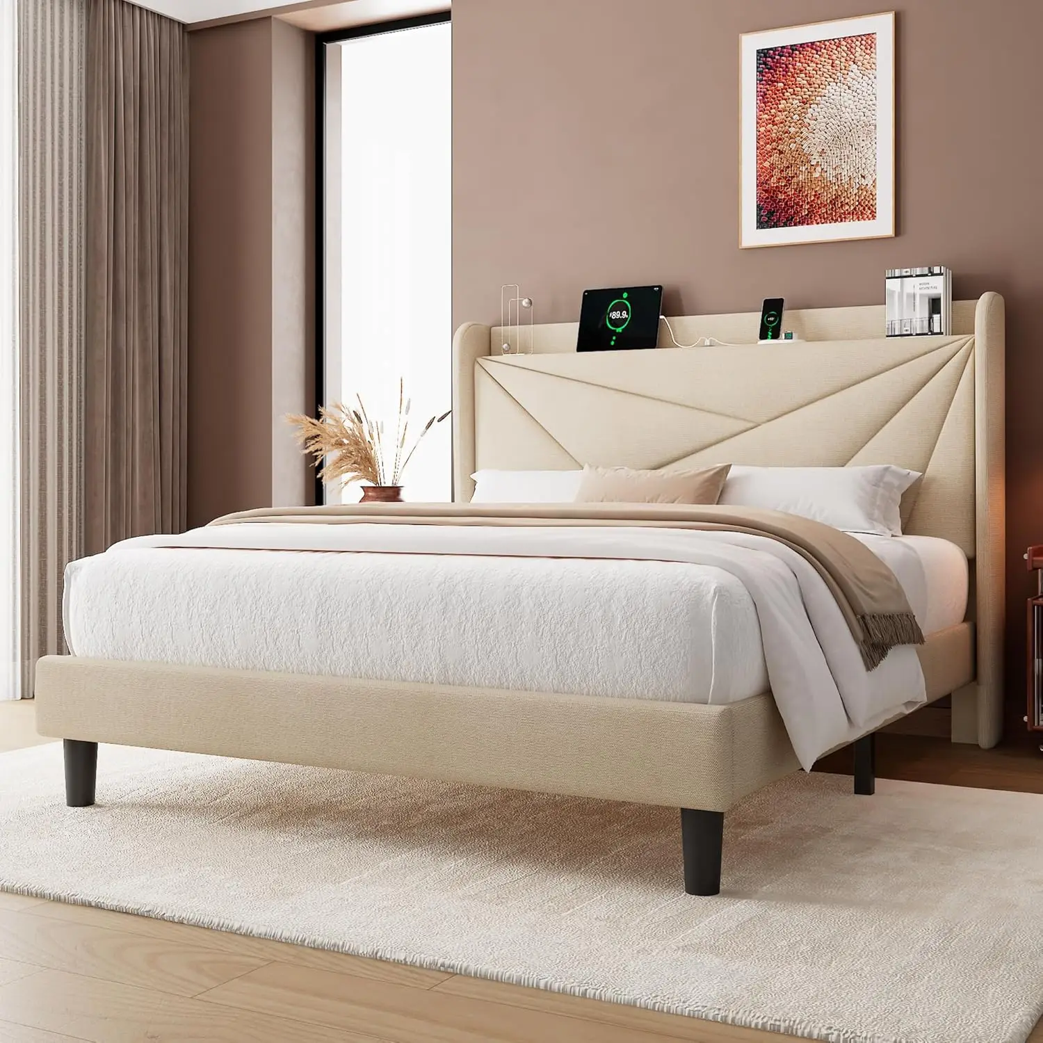 Cama tapizada con plataforma, cabecero de almacenamiento geométrico de lino, soporte de listones de madera maciza, No necesita resorte de caja, color Beige