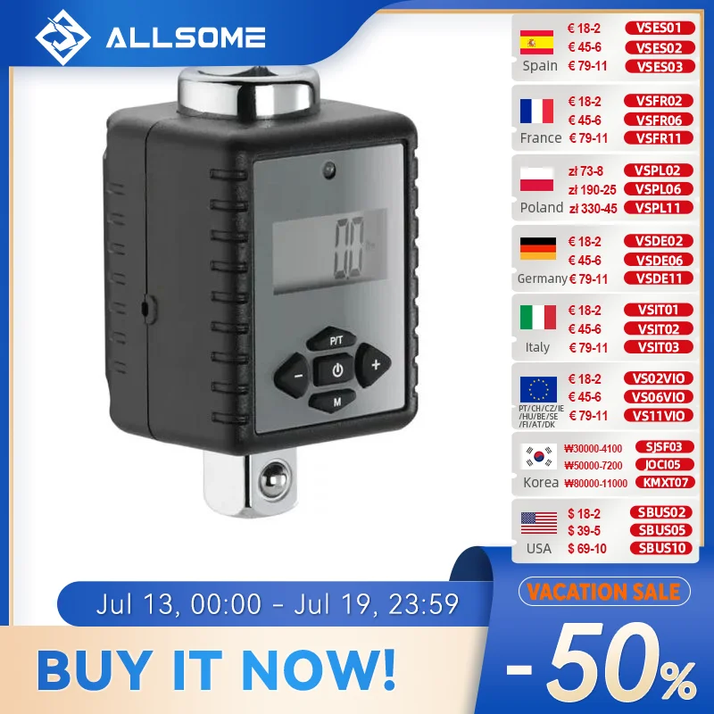 ALLSOME 디지털 토크 렌치 1/2" 2-200Nm 조절 가능 전문가용 전자 토크 렌치 자전거 자동차 수리용 HT2680-2685
