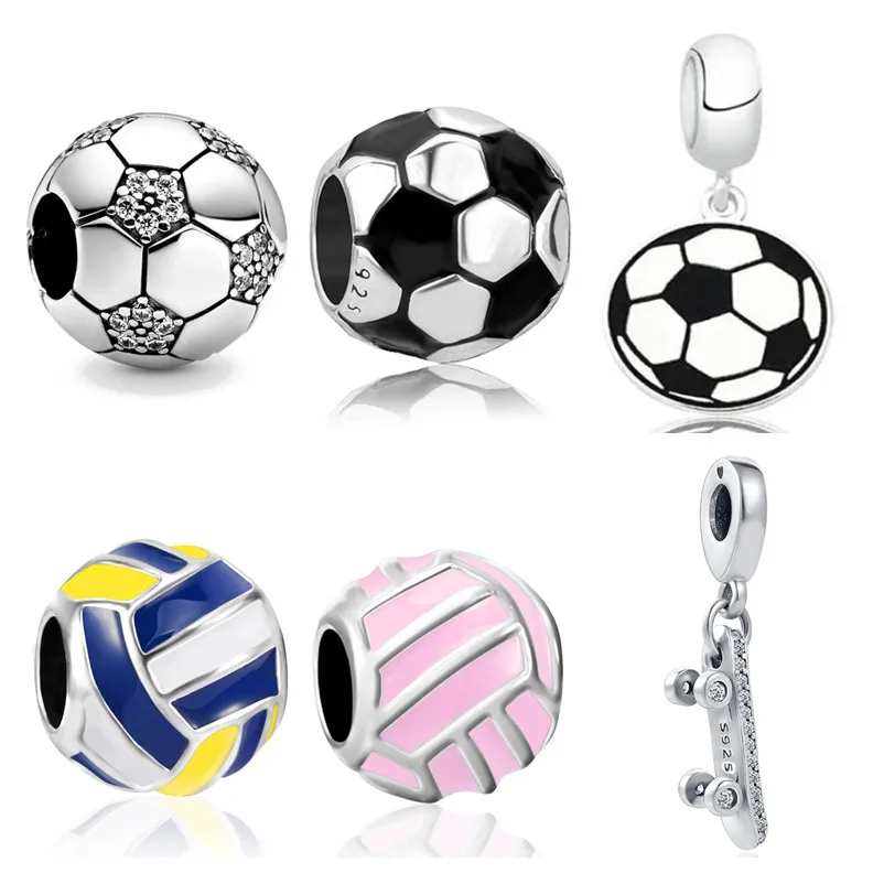 925 Sterling Silver Sparkling Football Skateboard Volleyball Charm Bead Fit Original Pandora Bracelet DIY Jewelry For Women Gift