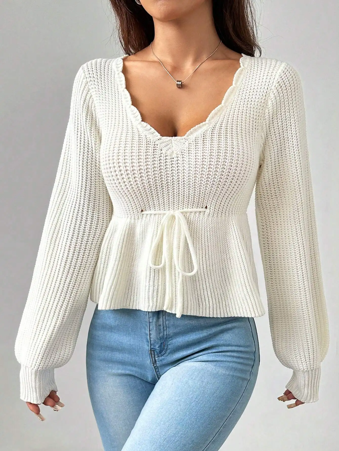 بلوفر نسائي كبير برقبة على شكل حرف V من الصوف المحبوك بخصر عالٍ على شكل حرف A لمقاس كاجوال مريح