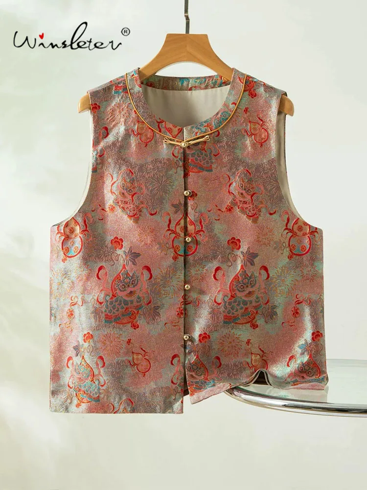 Winsleter-100%Real Silk Song Brocade Elegant Vest Coat, O Neck Cartoon, Women New Chinese Style Waistcoat, 2026 Autumn C69201CC