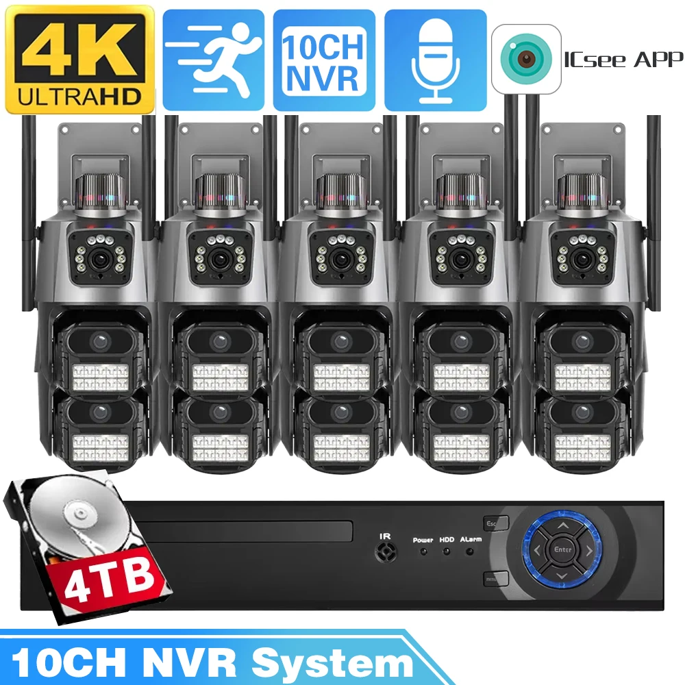 10CH 8MP Wireless Dual Lens PTZ WIFI IP Security Camera Two Way Audio Color Night Vision Face POE NVR Video Surveillance System