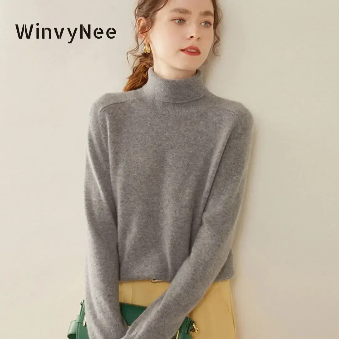 WinvyNee 캐시미어 스웨터 여성용, 긴팔 터틀넥 메리노 울 캐주얼 점퍼, 단색 니트웨어 풀오버, 가을 A1174013 