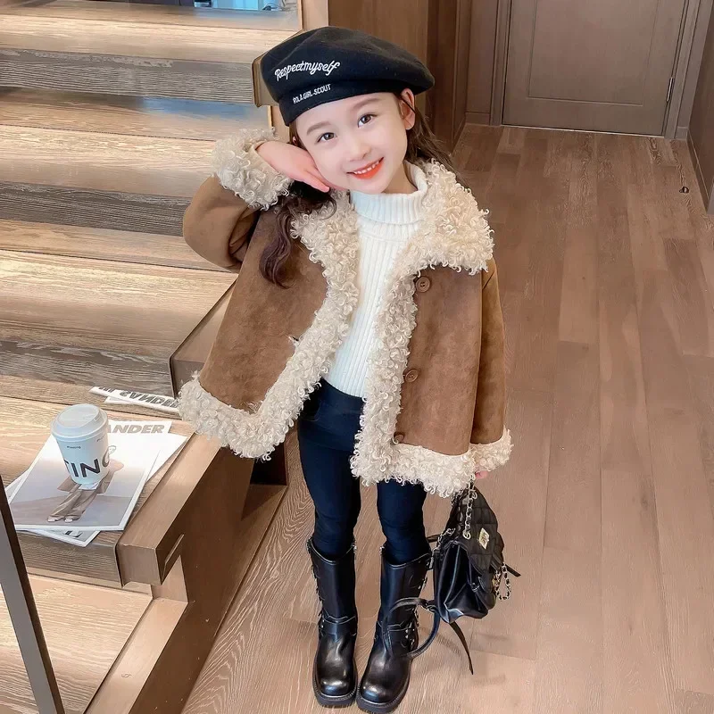 Girls' Sheep Curl Thickened Coat 2023 Winter New Fashionable and Fashionable Children's Warm Top Girls' Winter Wear