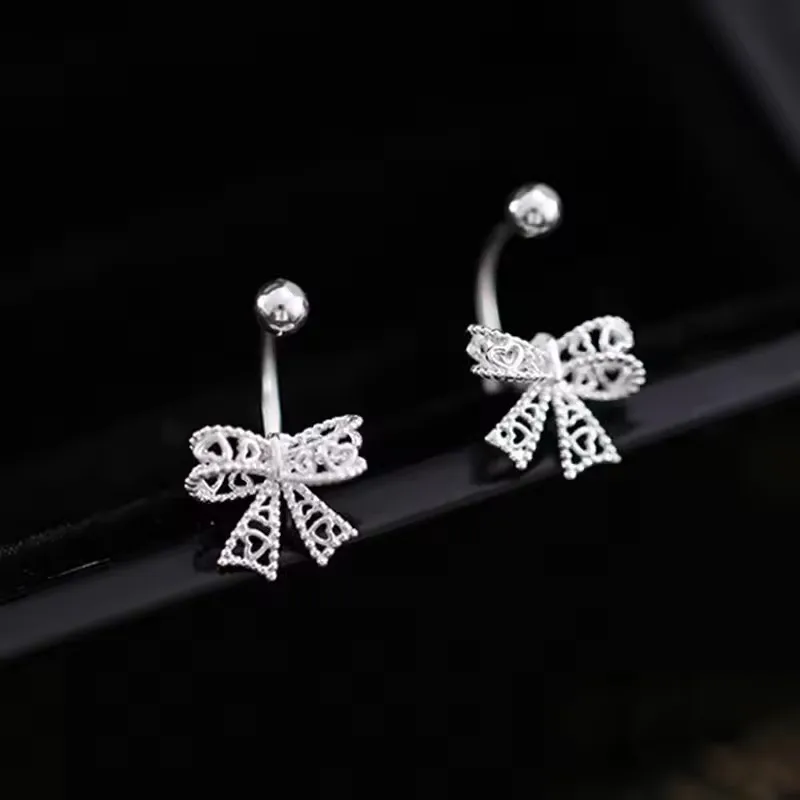 

925 Sterling Silver Lace Heart Hollow Bow Screw Buckle Puncture Stud Earrings for Women Fine Jewelry Accessories