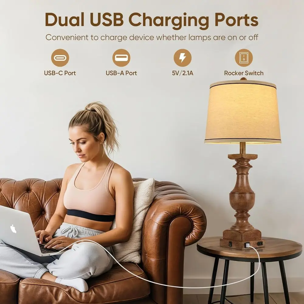 مصابيح طاولة من الخشب المحبب، مجموعة مصابيح مكتبية مكونة من 28 قطعة من الراتنج لغرفة النوم، مصابيح بجانب السرير في المزرعة مع ظلال من الكتان، USB A+C P