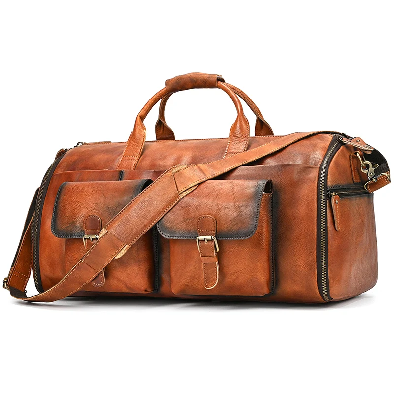 Soft Cowskin Leather Travel Duffle Bag Men Women Weekender Shoulder Hand Luggage Suit Carry-On Fashionable Male Weekender Bag