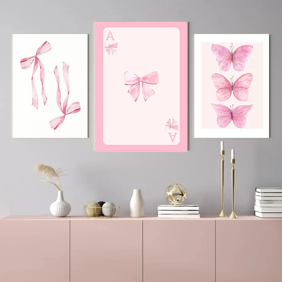 Trendy Pink Bows Preppy College Watercolor Bows Coquette Girly Poster Print Wall Art Pictures Canvas Painting Room Home Decor