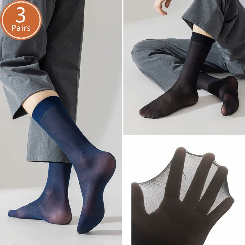 3 Pairs Summer Man Silk Socks Long Business Thin Nylon Striped Breathable Soft Elastic Below Knee Calf Formal Wear Crew Socks