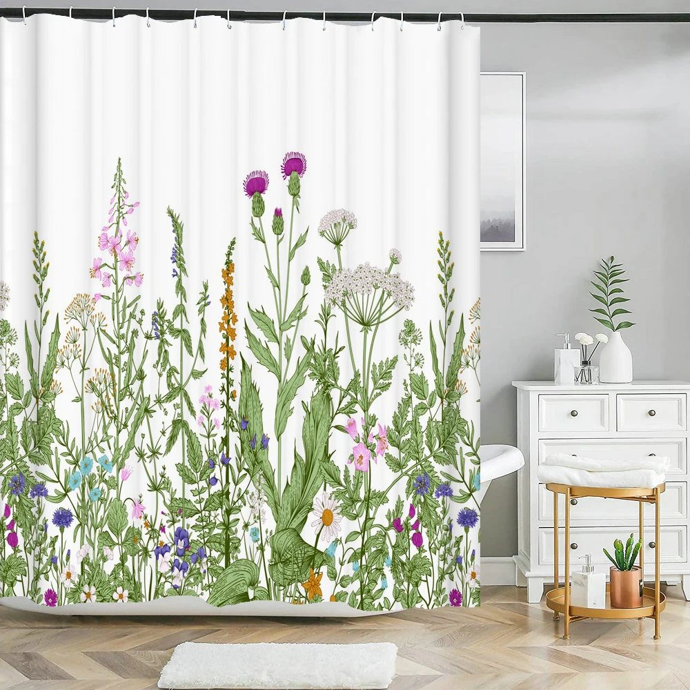 180*180cm Shower Curtain Flowers Plant Polyester Bathroom Curtains Set Bath Mats Rugs Toilet Lid Cover Anti-slip Pedestal Carpet