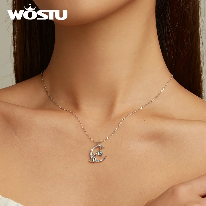 Cute Cat Moon Necklace with Crystal Zircons