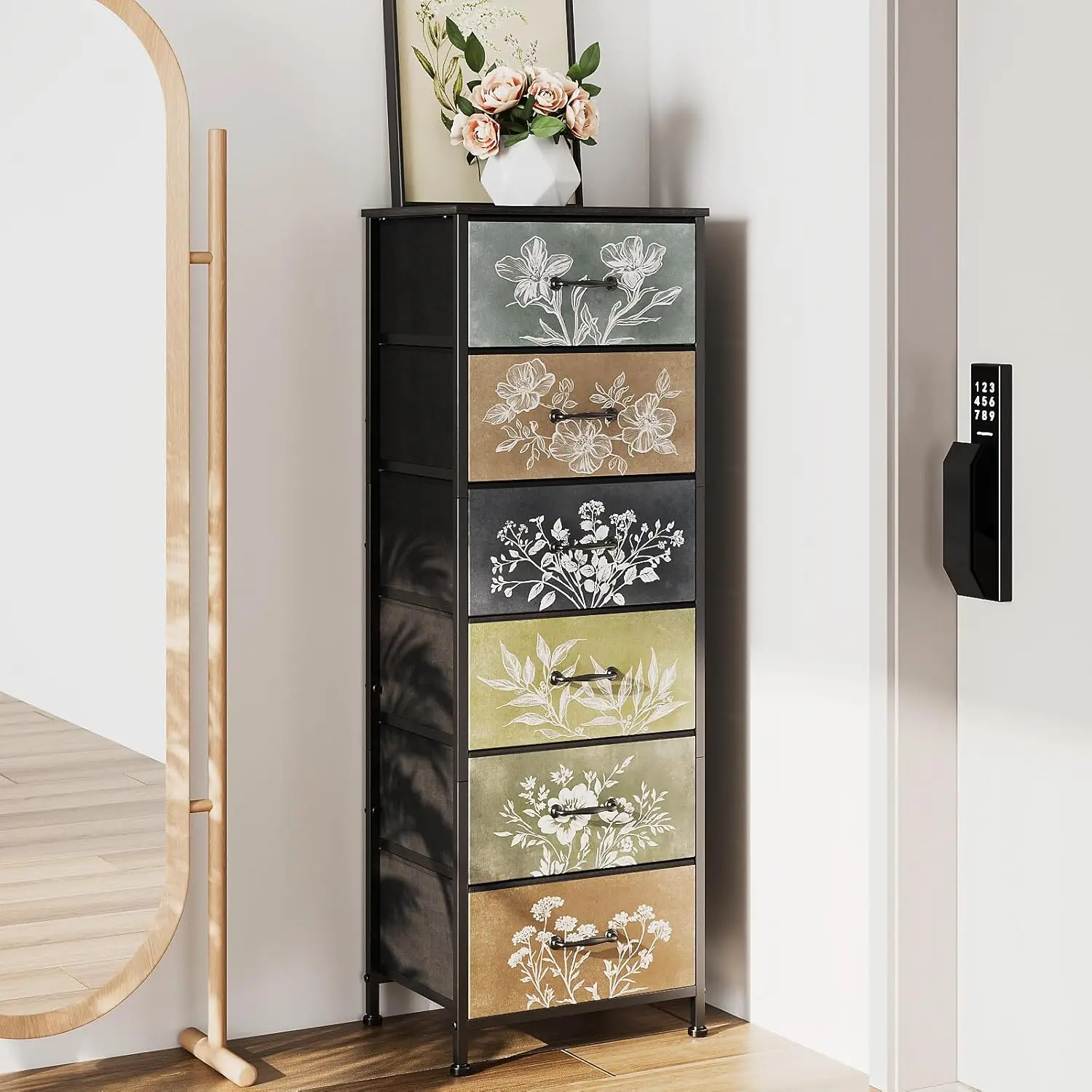 

Vintage Dresser with Neutral Botanical Fabric, 6 Drawers for Bedroom Storage and Organizer